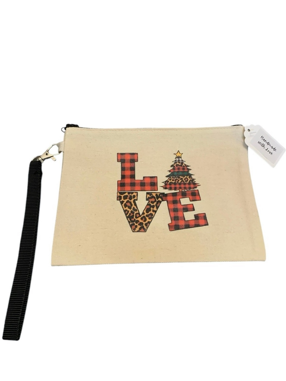 NEW Love Christmas Holiday Handmade Makeup Wristlet Purse Mini Canvas Bag